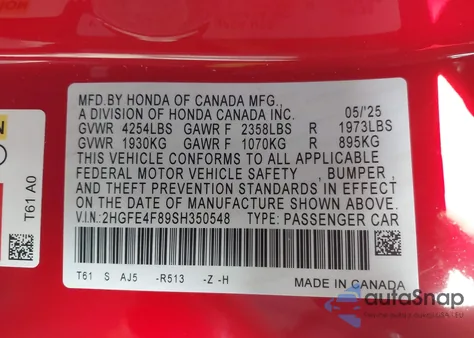 2025 Honda Civic Hybrid Sport/Sport Touring from USA, damaged, VIN 2HGFE4F89SH350548
